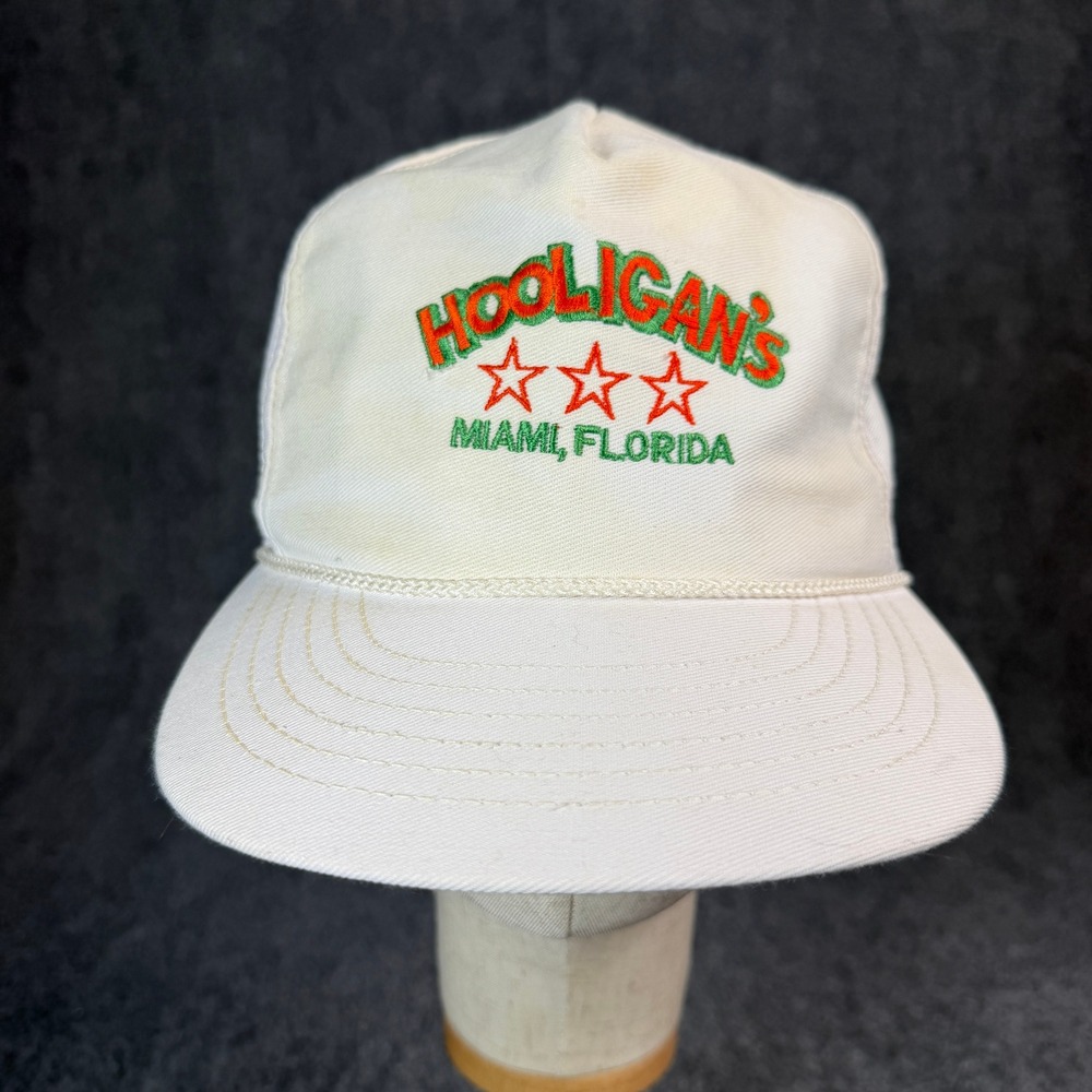 Vintage Hooligans Miami Florida Rope Hat White Made in USA Leather Strap Cap
